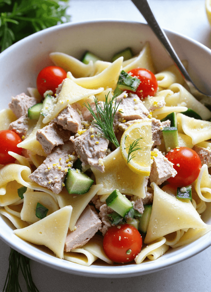 Tuna pasta salad with lemon and dill, cucumber, cherry tomatoes, and pasta in a white bowl