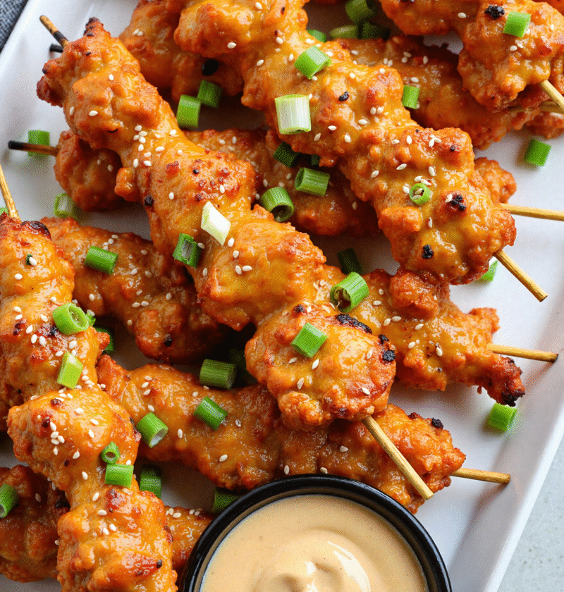 Close-up of grilled Bang Bang Chicken Skewers with caramelized edges, coated in sweet and spicy Bang Bang sauce, served with lime wedges and fresh cilantro.