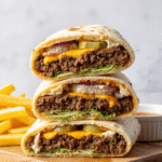 Cheesy Big Mac wraps stacked on a board, loaded with seasoned beef, cheddar cheese, pickles, onions, and lettuce, next to crispy fries.