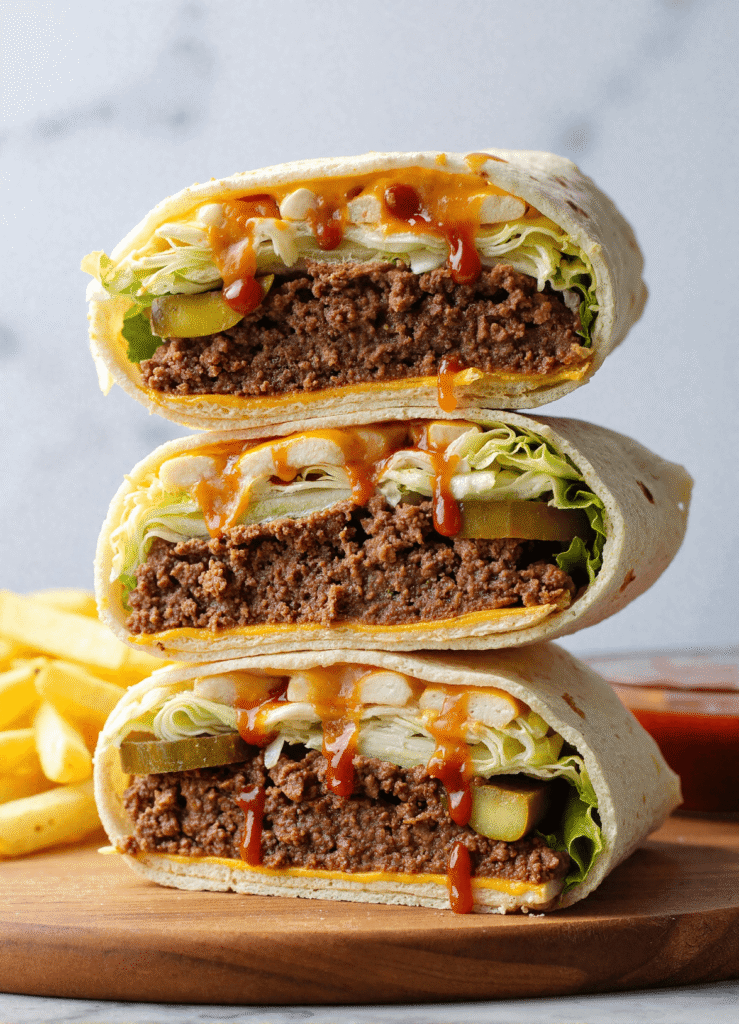 Big Mac wraps stacked on a wooden board, filled with seasoned ground beef, lettuce, pickles, and drizzled with Big Mac sauce, served with a side of fries.