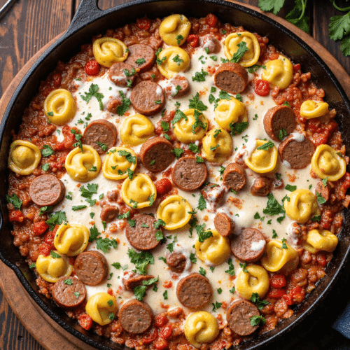 Overhead shot of Blackstone tortellini skillet with melted cheese, sausage slices, and tomato sauce in a cast iron pan.