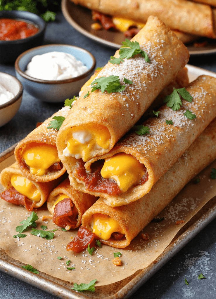 Stack of crispy breakfast taquitos filled with cheddar cheese and bacon, served with sour cream and salsa on a tray.