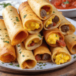 Plate of breakfast taquitos stuffed with scrambled eggs, sausage, cheddar cheese, and bacon, served with salsa and sour cream.