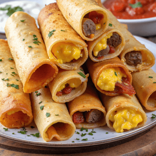 Plate of breakfast taquitos stuffed with scrambled eggs, sausage, cheddar cheese, and bacon, served with salsa and sour cream.