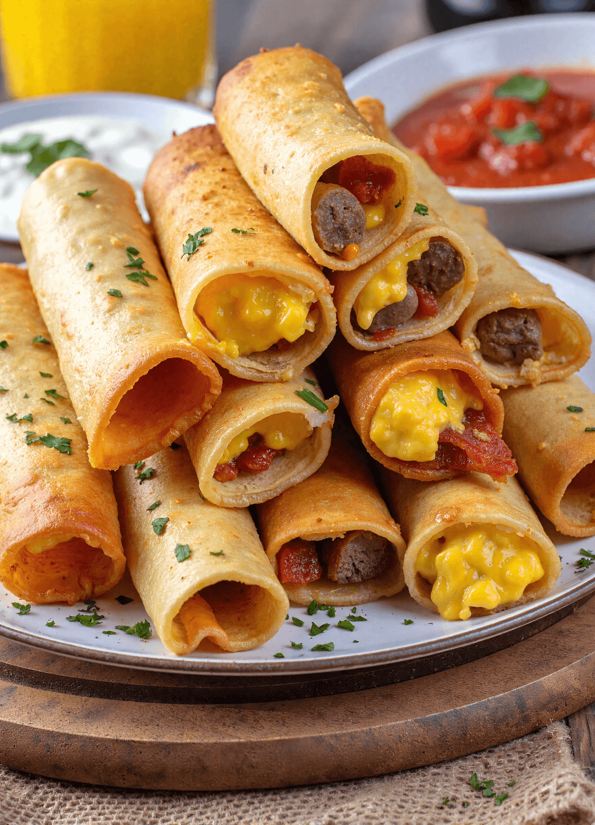 Plate of breakfast taquitos stuffed with scrambled eggs, sausage, cheddar cheese, and bacon, served with salsa and sour cream.