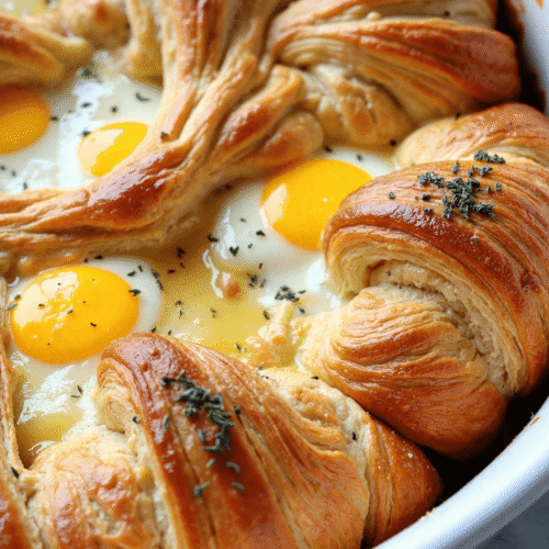 Close-up of buttery croissant breakfast bake with layered croissants, baked eggs, and herbs in a round white dish.