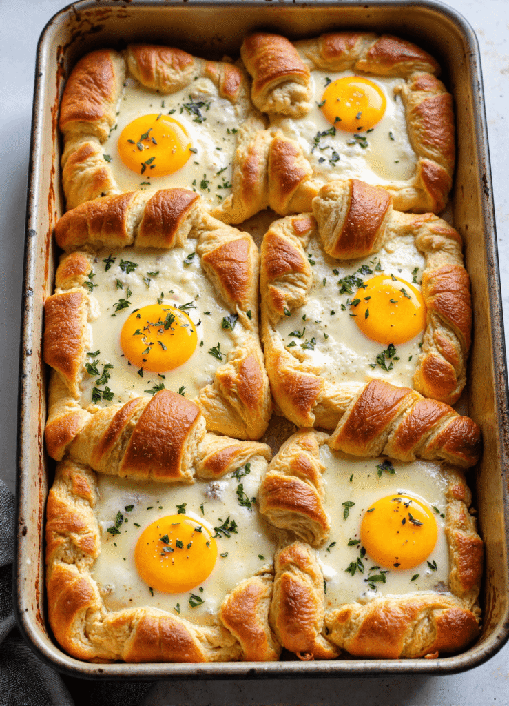 Golden baked buttery croissant breakfast bake with whole eggs and herbs in a rectangular pan, ready to serve for brunch.