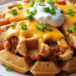 Crispy cheddar hash brown waffle topped with sour cream, chopped green onions, and a runny egg yolk on a white plate.
