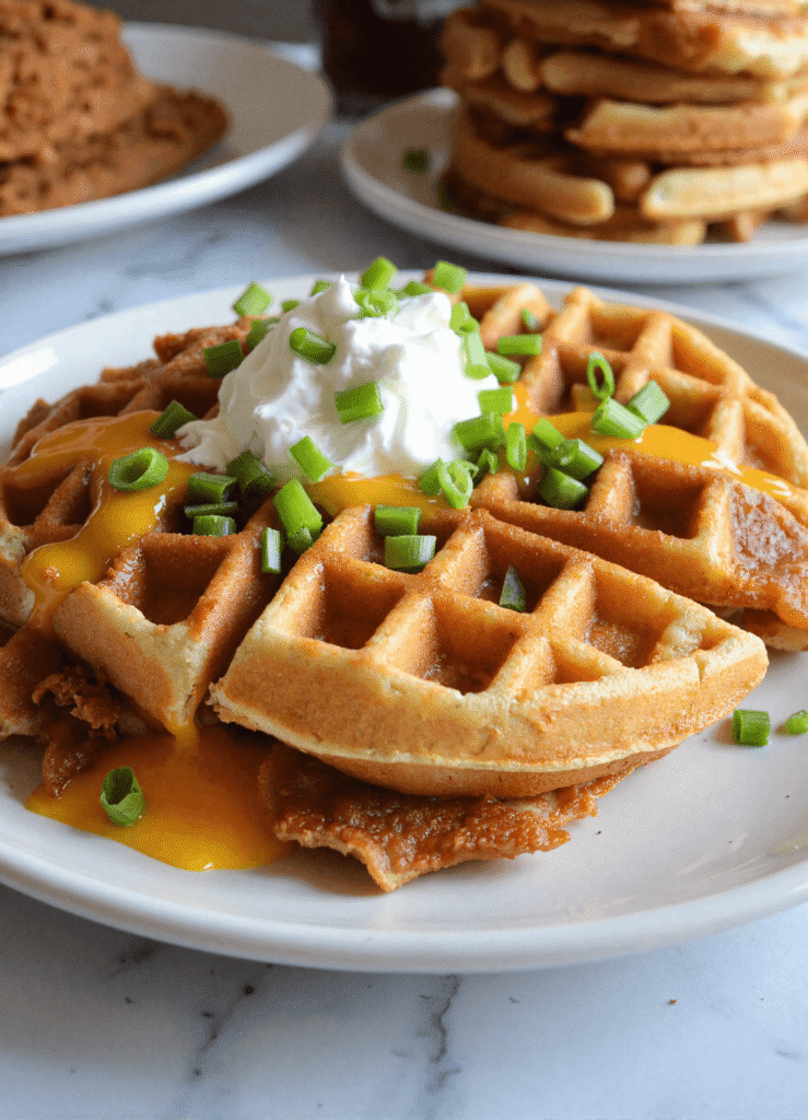 Savory hash brown waffle topped with melted cheddar, sour cream, and green onions served on a white plate.