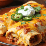 Close-up of cheesy chorizo breakfast enchiladas topped with sour cream, jalapeños, and cilantro on a rustic brown plate.