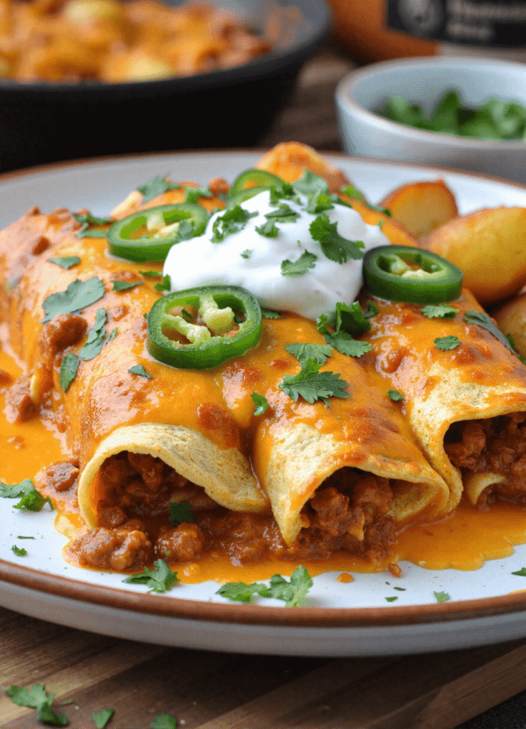 Three cheesy chorizo breakfast enchiladas topped with sour cream, jalapeños, and cilantro on a white plate with a side of potatoes.