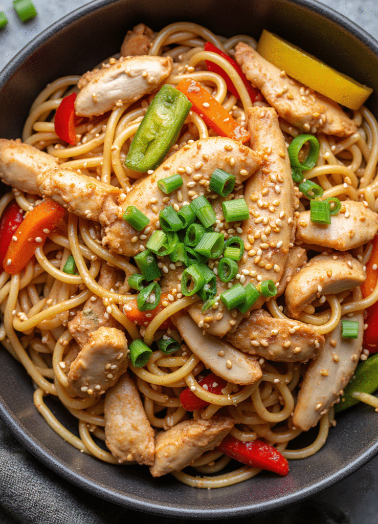 Stir fry chicken with noodles and sliced vegetables topped with green onions and sesame seeds