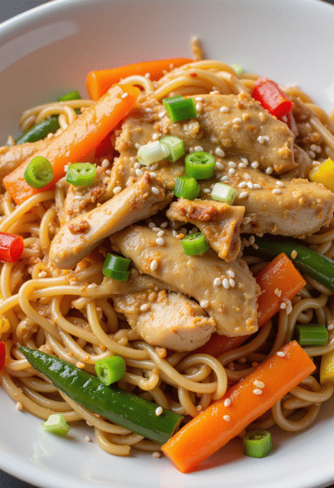 Chicken noodle stir fry with sliced chicken breast, bell peppers, sesame seeds, and green onions in a white bowl