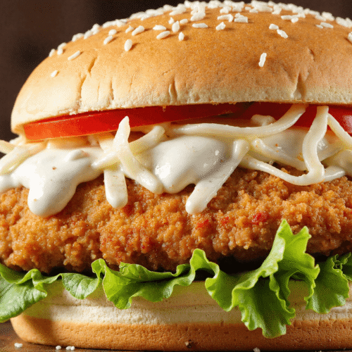 Close-up view of a crispy chicken Caesar sandwich with romaine lettuce, parmesan, Caesar dressing, tomato slices, and a sesame bun