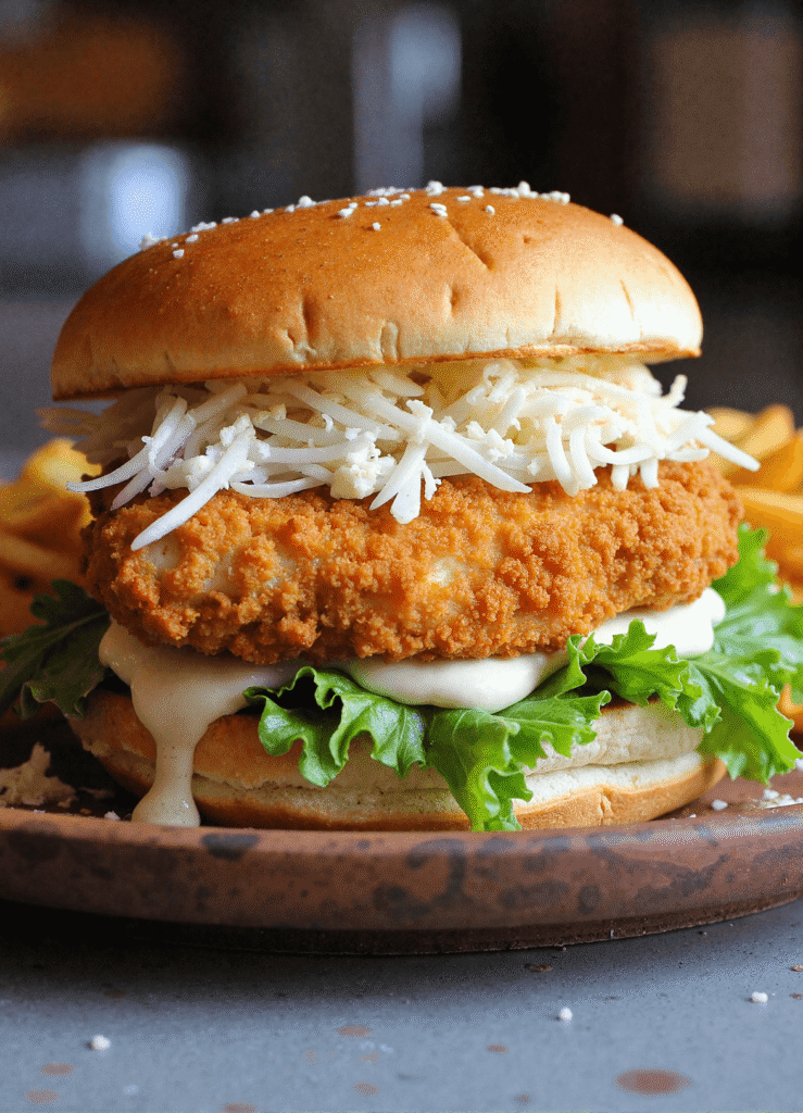 Full front view of a crispy chicken Caesar sandwich on a wooden plate with lettuce and Caesar dressing