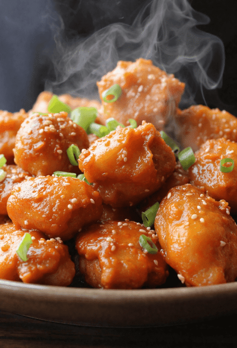 Close-up of crispy honey chicken glazed in sticky garlic soy sauce and topped with sesame seeds and green onions