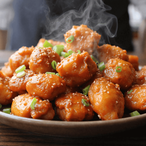Close-up of crispy honey chicken glazed in sticky garlic soy sauce and topped with sesame seeds and green onions