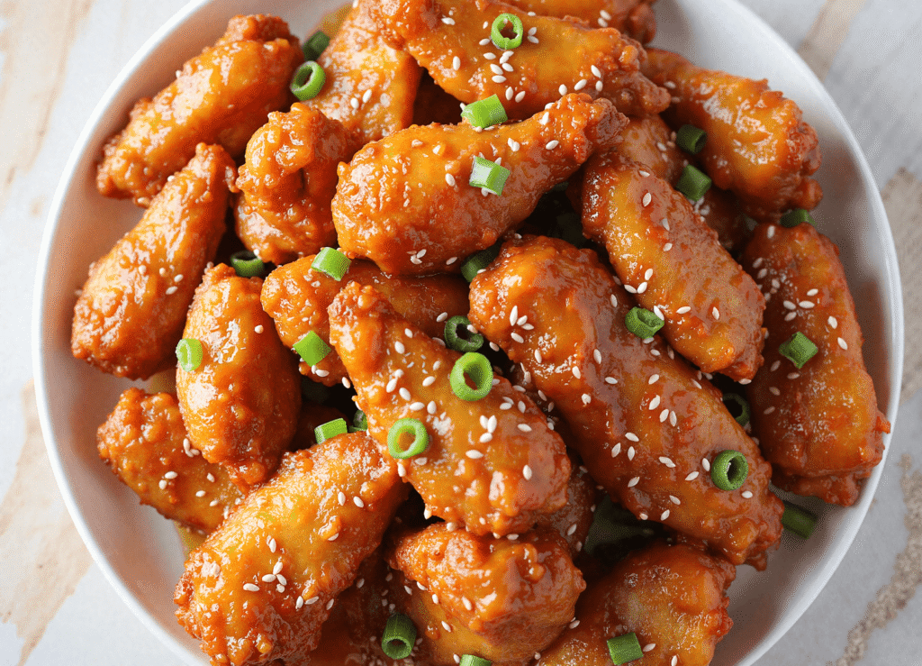 Top-down view of crispy honey chicken wings with garlic soy glaze, sesame seeds, and green onions