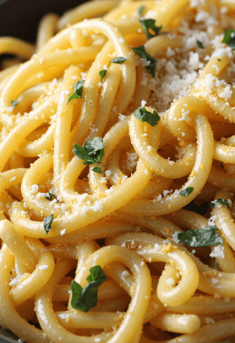 Close-up of garlic butter pasta topped with parmesan cheese and chopped parsley