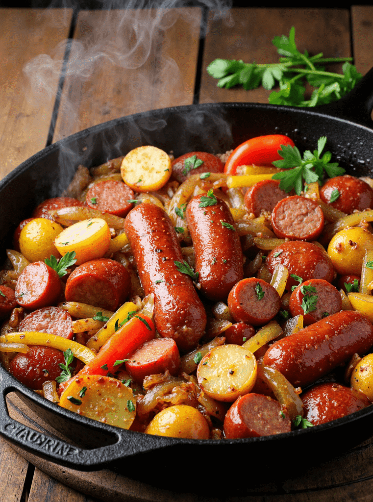 Kielbasa sausage skillet with golden potatoes, sliced smoked sausage, and colorful bell peppers in a cast iron pan.
