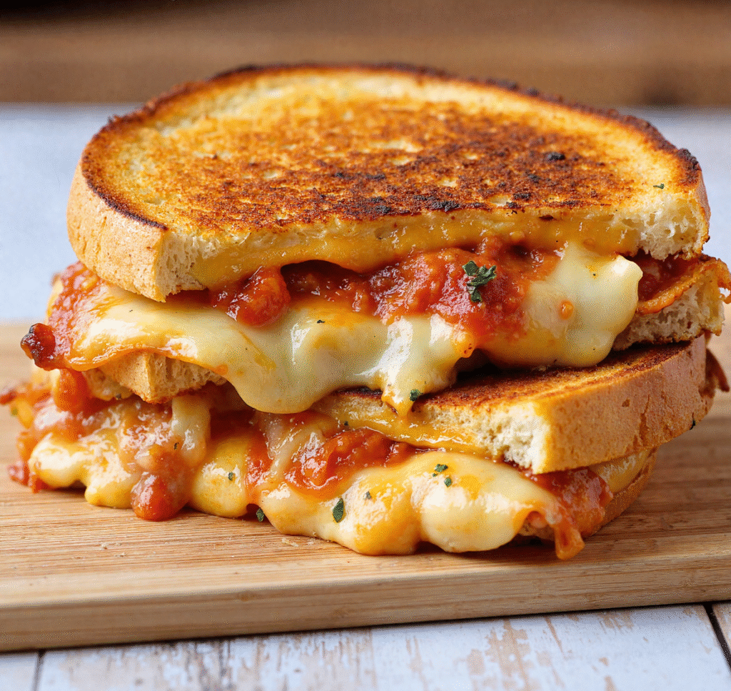 Stacked lazy chicken parmesan grilled cheese sandwich with melted mozzarella and marinara sauce oozing out.