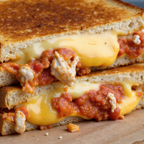 Close-up of lazy chicken parmesan grilled cheese with melted cheese and marinara sauce on toasted sourdough bread.
