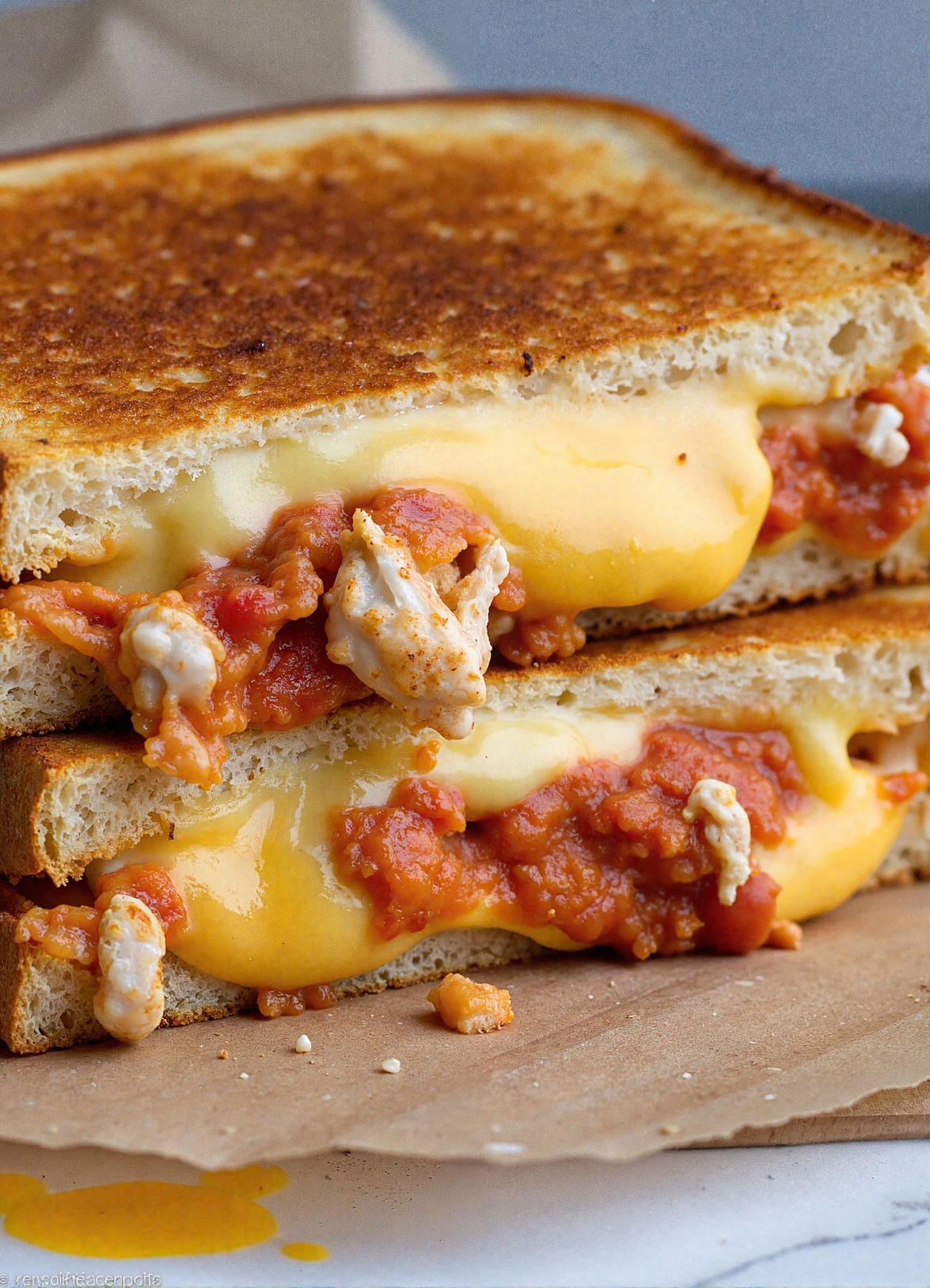 Close-up of lazy chicken parmesan grilled cheese with melted cheese and marinara sauce on toasted sourdough bread.
