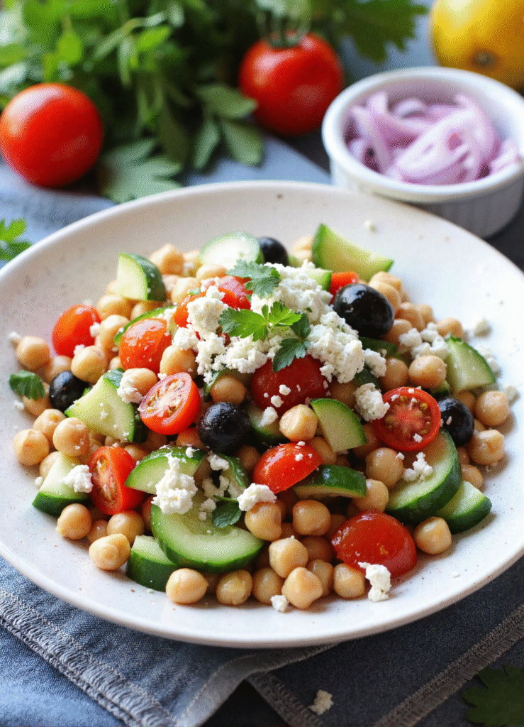 Bowl of no-cook Mediterranean chickpea salad with cucumbers, tomatoes, olives, feta cheese, red onions, and fresh herbs.