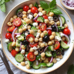 No-cook Mediterranean chickpea salad with cucumber, cherry tomatoes, olives, feta cheese, and fresh parsley on a white plate.