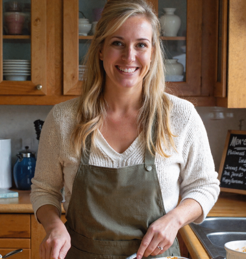 Molly James, a 37-year-old home cook and food blogger, smiling at the camera while preparing a cheesy baked dish in a cozy, warm-toned kitchen.