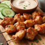 Air fryer chicken skewers served on a wooden board with creamy garlic dipping sauce and cucumber slices