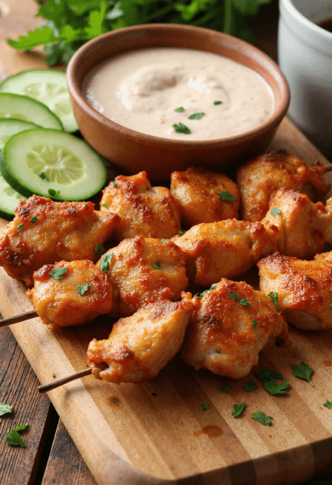 Air fryer chicken skewers served on a wooden board with creamy garlic dipping sauce and cucumber slices