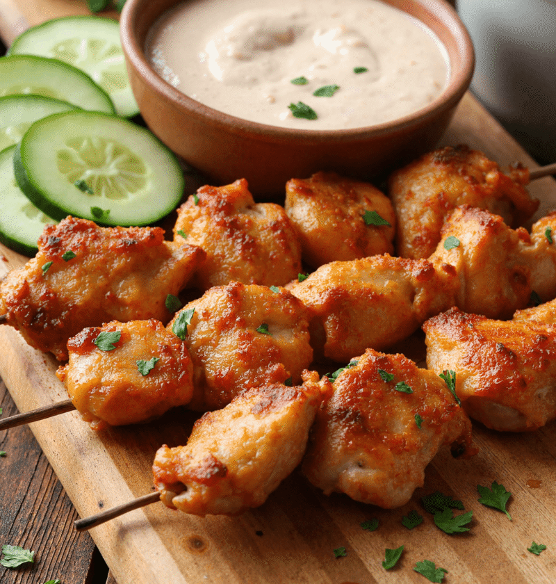 Air fryer chicken skewers served on a wooden board with creamy garlic dipping sauce and cucumber slices