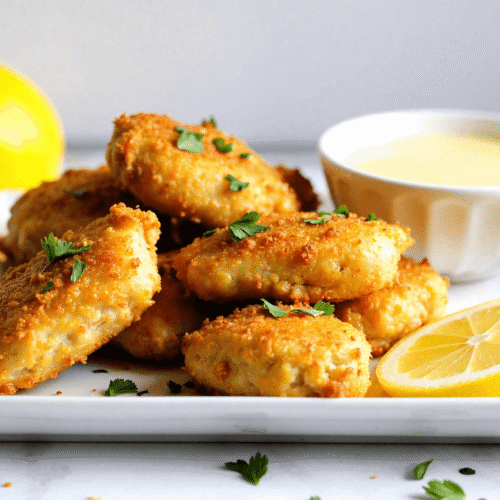 Golden lemon chicken bites served on a white plate with lemon dipping sauce and parsley garnish.