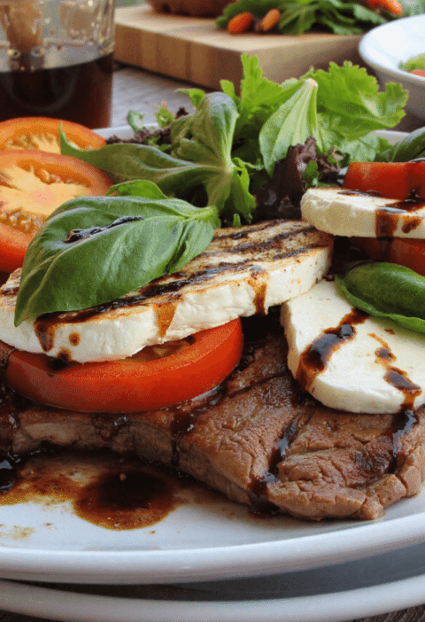 Thinly sliced grilled steak topped with mozzarella, cherry tomatoes, basil, and balsamic drizzle beside a bed of greens.