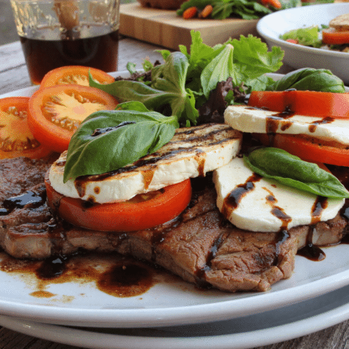 Thinly sliced grilled steak topped with mozzarella, cherry tomatoes, basil, and balsamic drizzle beside a bed of greens.