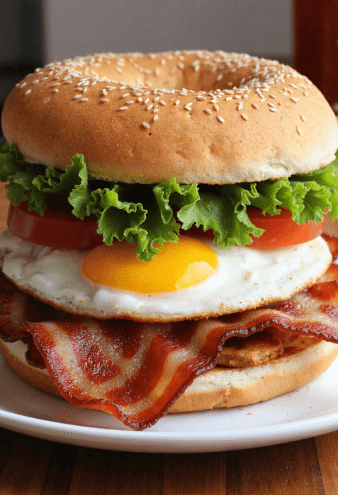 Close-up of a BLT breakfast sandwich with egg on a sesame bun, layered with tomato, lettuce, and bacon.