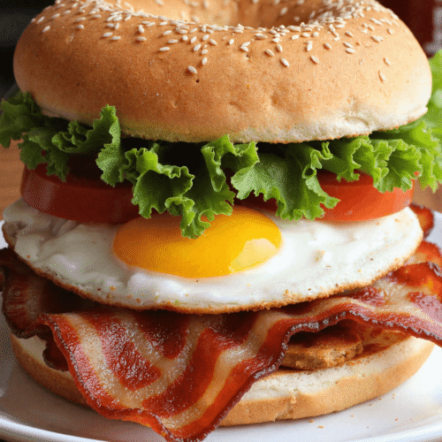 Close-up of a BLT breakfast sandwich with egg on a sesame bun, layered with tomato, lettuce, and bacon.