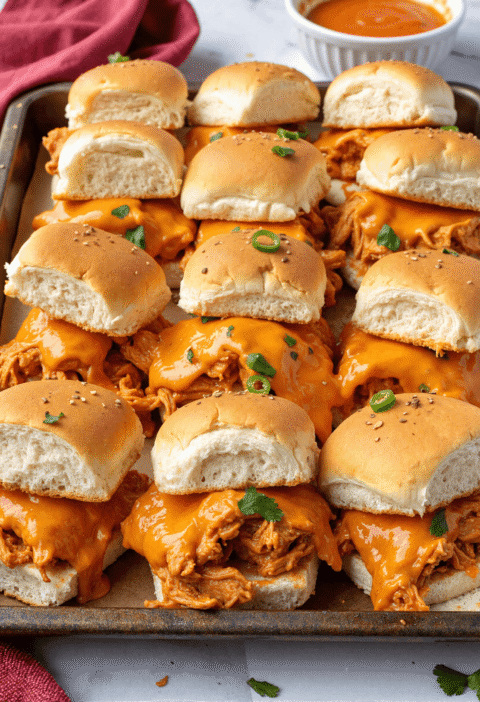 Tray of buffalo chicken sliders on a baking sheet with melted cheddar, shredded chicken, and sesame seed buns, perfect for game day or party snacks.