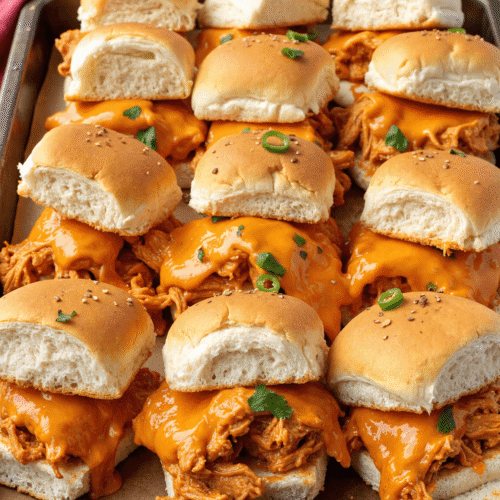 Tray of buffalo chicken sliders on a baking sheet with melted cheddar, shredded chicken, and sesame seed buns, perfect for game day or party snacks.
