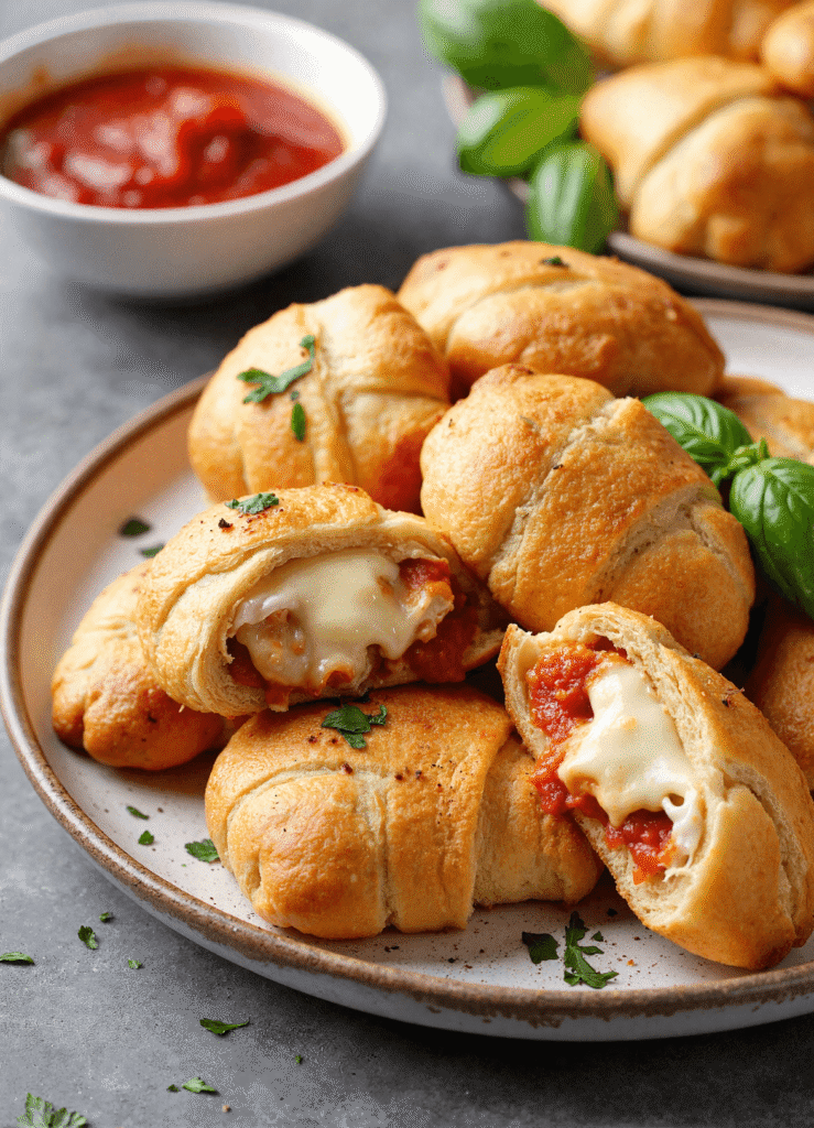 Crescent roll stuffed chicken parmesan pillows filled with cheese and marinara on a ceramic plate.