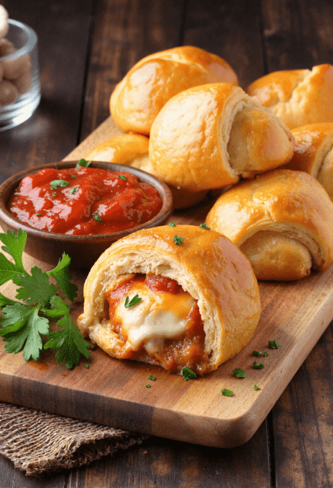 Golden chicken parmesan pillows on a wooden board served with marinara dipping sauce and fresh parsley.