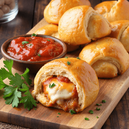 Golden chicken parmesan pillows on a wooden board served with marinara dipping sauce and fresh parsley.