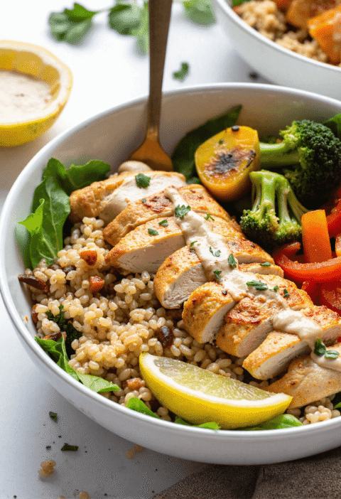 Grilled chicken and quinoa power bowl with roasted vegetables, fresh lemon wedge, and tahini drizzle in a white bowl.