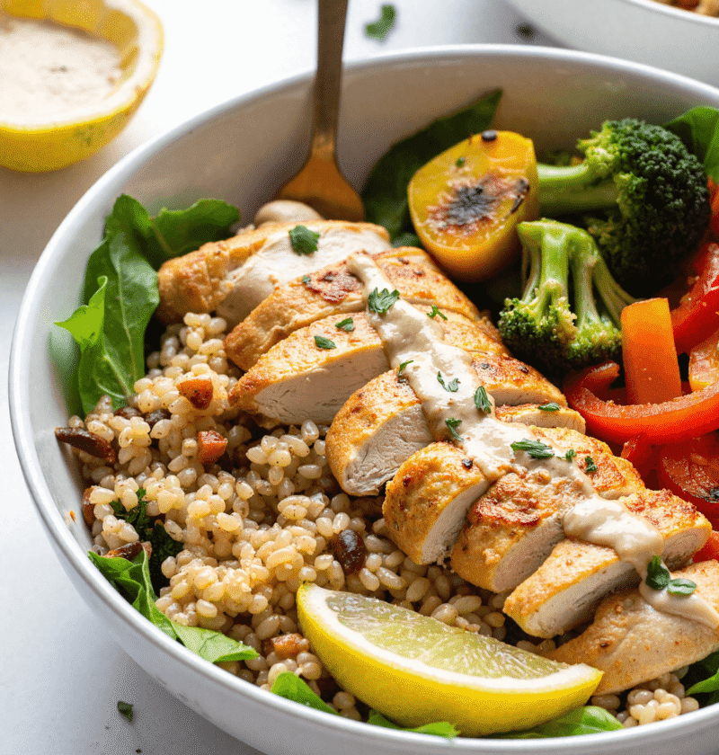 Grilled chicken and quinoa power bowl with roasted vegetables, fresh lemon wedge, and tahini drizzle in a white bowl.