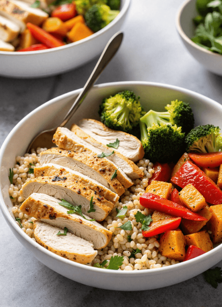 Sliced grilled chicken over quinoa with roasted red peppers, broccoli, and herbs in a white bowl.