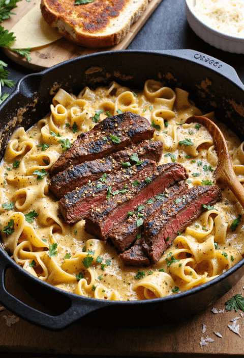 Sliced grilled steak over creamy garlic butter linguine pasta in a black skillet, topped with grated parmesan and parsley