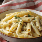 Creamy garlic penne pasta served in a shallow bowl, topped with fresh parsley and cracked pepper