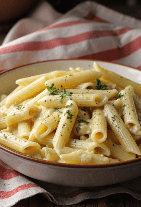Creamy garlic penne pasta served in a shallow bowl, topped with fresh parsley and cracked pepper
