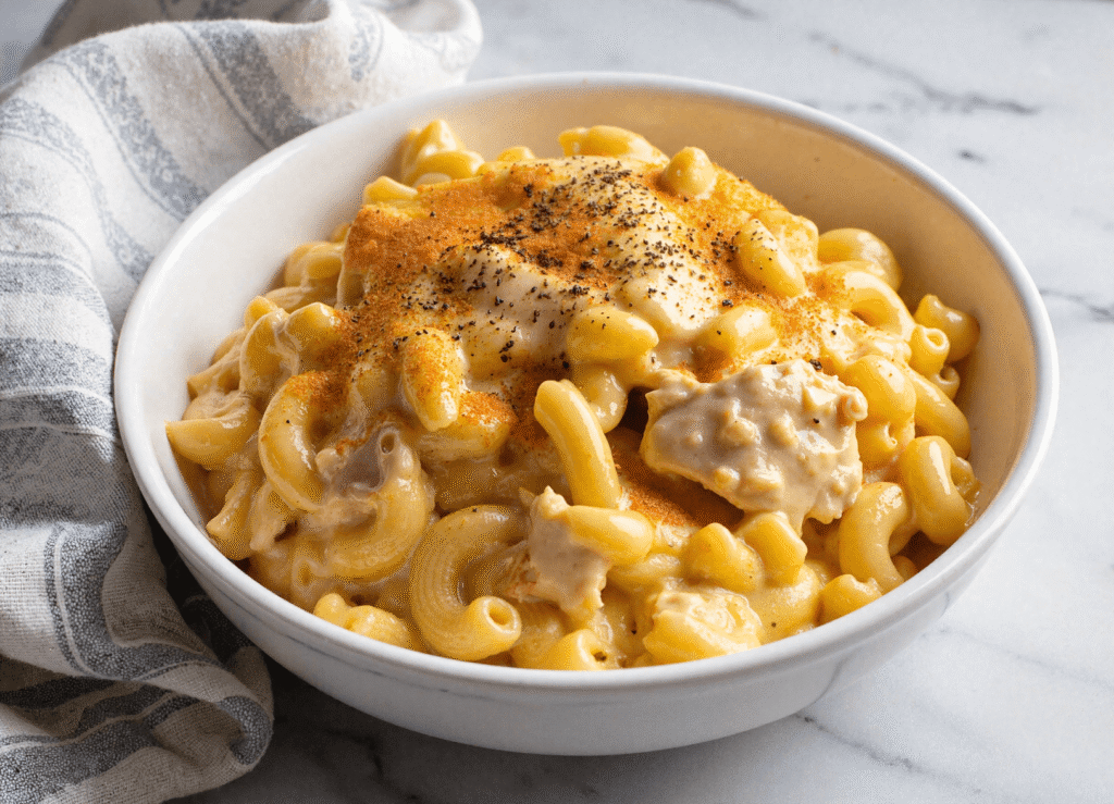 Bowl of creamy mac and cheese topped with honey pepper chicken chunks and cracked black pepper.
